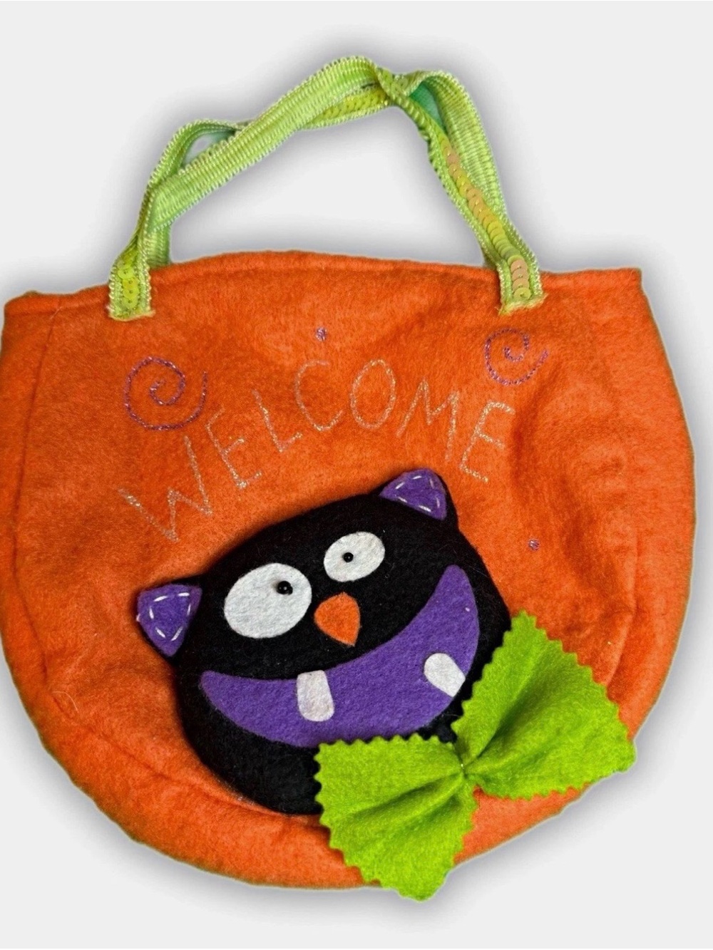 Orange Felt Kids Bag with Green Handles and Monster Applique